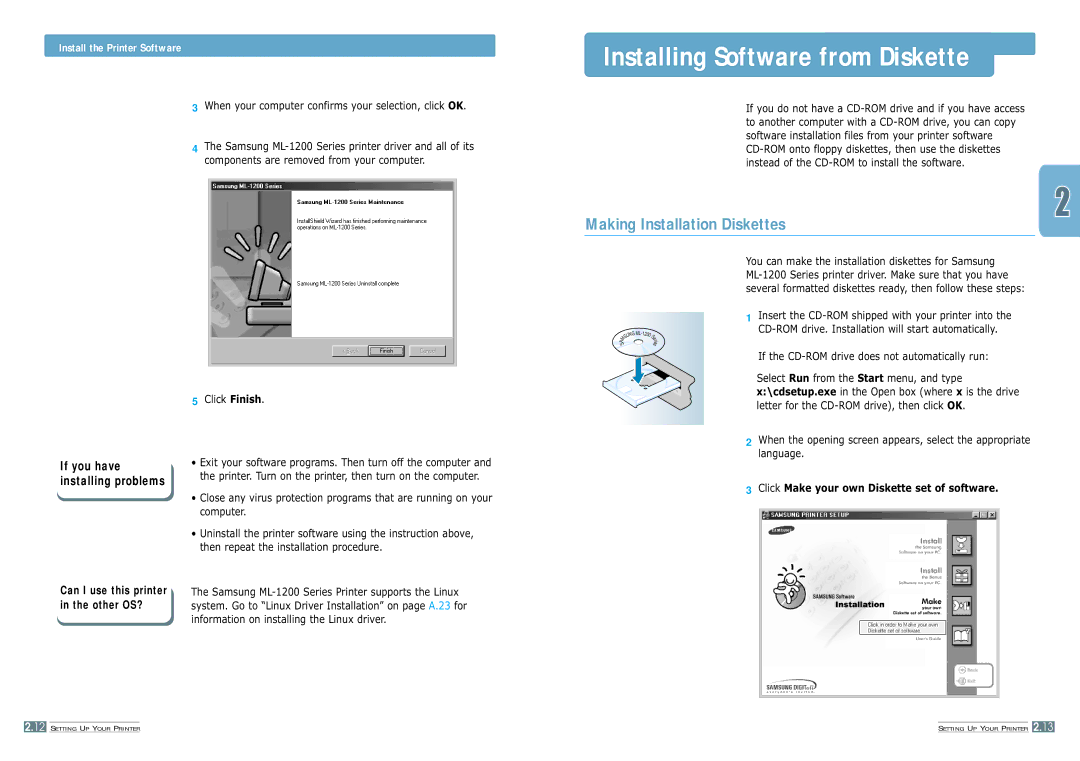 Samsung ML-1200 manual Installing Software from Diskette, Making Installation Diskettes 