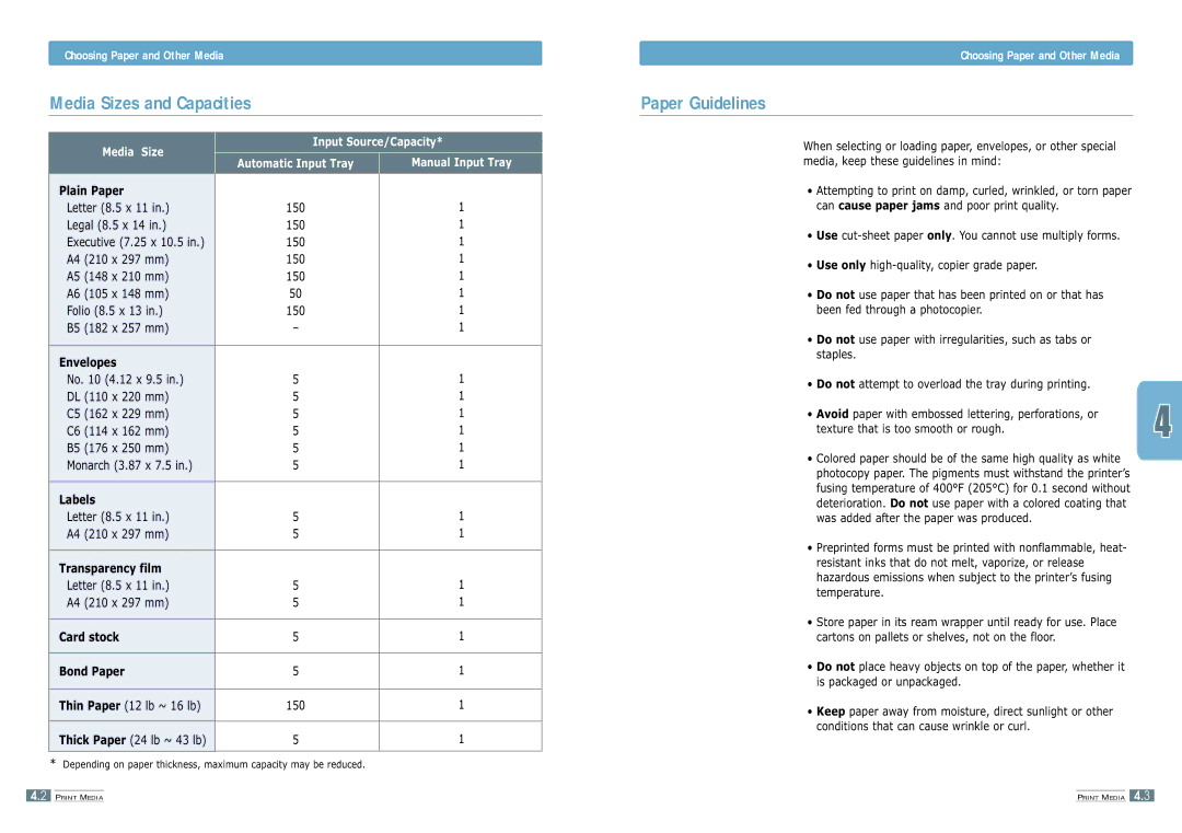 Samsung ML-1200 manual Media Sizes and Capacities Paper Guidelines, Choosing Paper and Other Media 