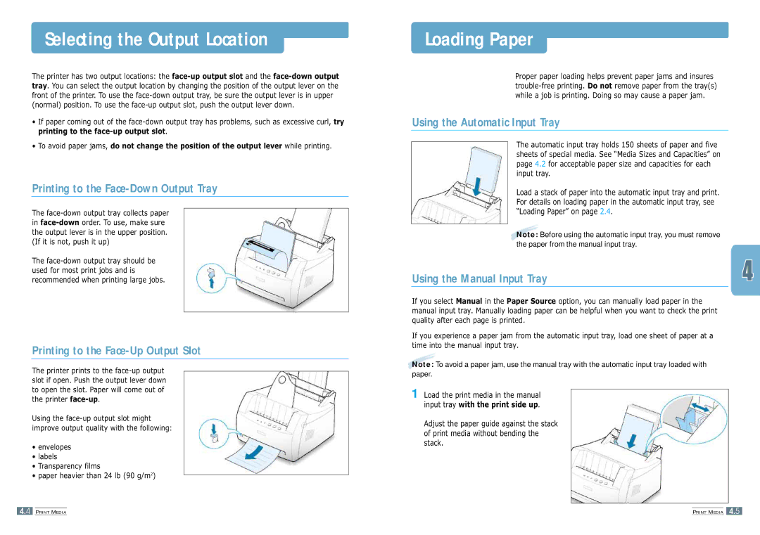 Samsung ML-1200 Selecting the Output Location, Printing to the Face-Down Output Tray, Printing to the Face-Up Output Slot 