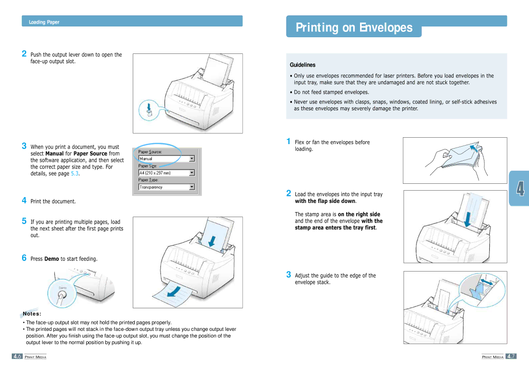 Samsung ML-1200 manual Printing on Envelopes, Guidelines, Loading Paper, Adjust the guide to the edge of the envelope stack 