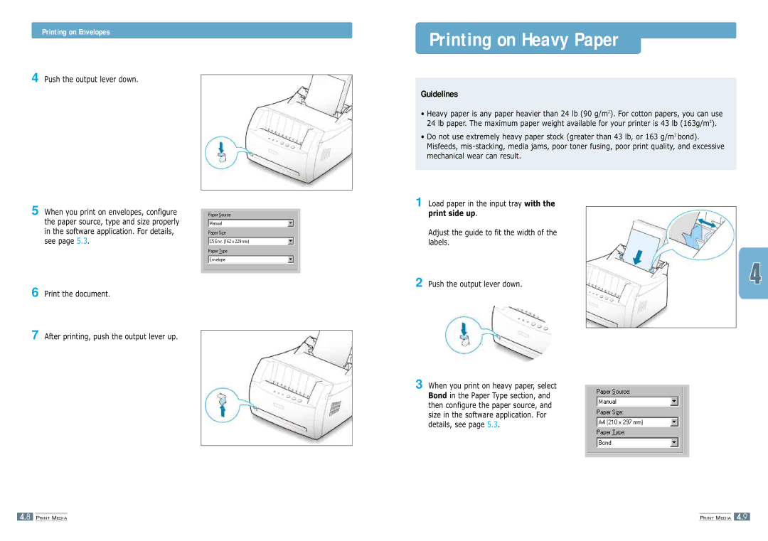 Samsung ML-1200 manual Printing on Heavy Paper, Printing on Envelopes, Push the output lever down 