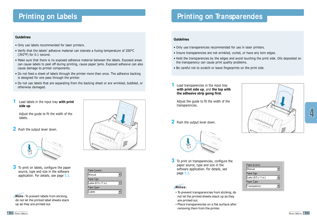 Samsung ML-1200 manual Printing on Labels, Printing on Transparencies 