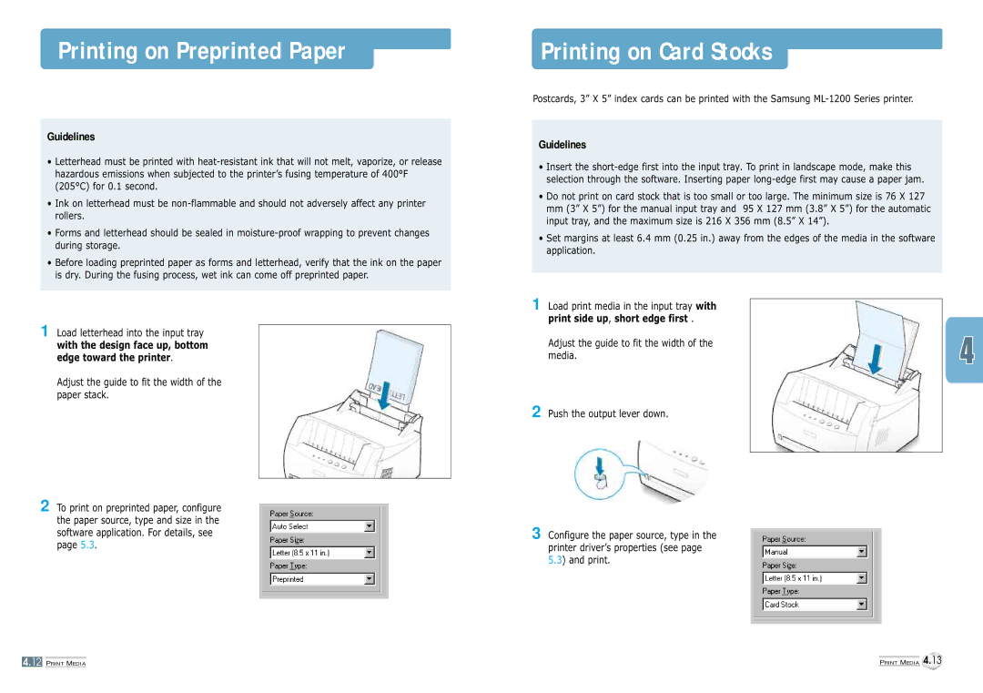 Samsung ML-1200 manual Printing on Preprinted Paper, Printing on Card Stocks 