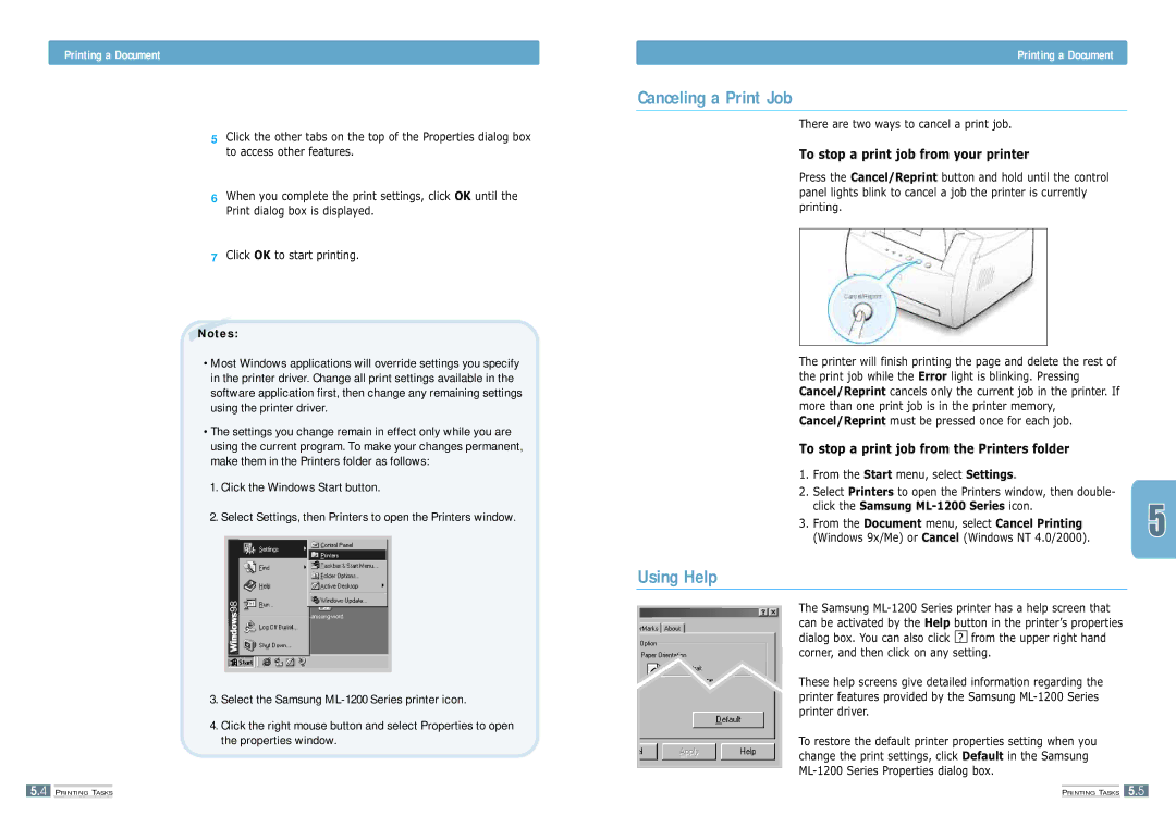 Samsung ML-1200 manual Canceling a Print Job, Using Help, To stop a print job from your printer 