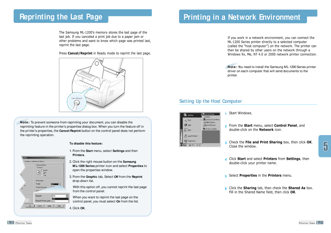 Samsung ML-1200 manual Reprinting the Last, Printing in a Network Environment, Setting Up the Host Computer, Start Windows 