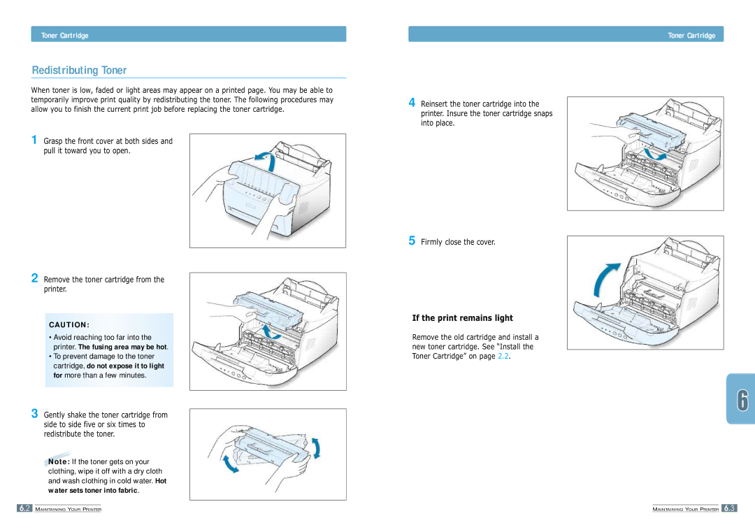 Samsung ML-1200 manual Redistributing Toner, Toner Cartridge, Remove the toner cartridge from the printer 