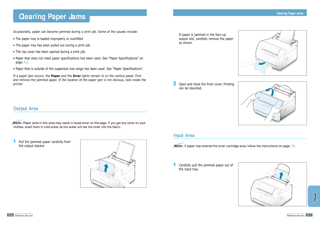 Samsung ML-1200 manual Clearing Paper Jams, Output Area, Input Area 