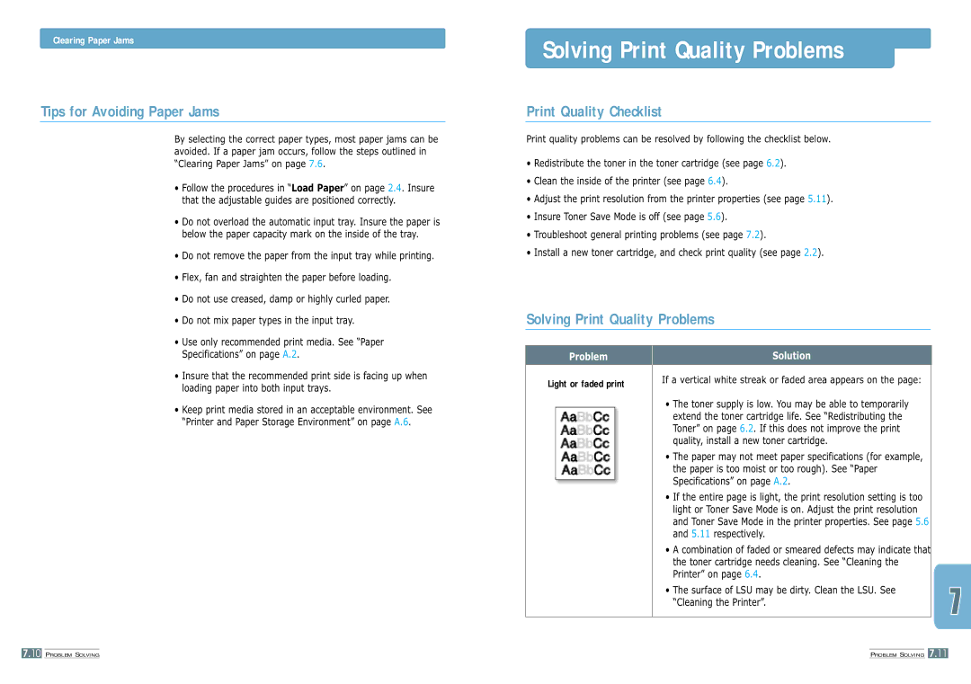 Samsung ML-1200 manual Solving Print Quality Problems, Tips for Avoiding Paper Jams, Print Quality Checklist 