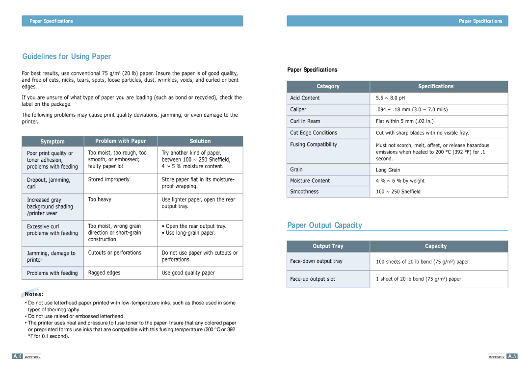 Samsung ML-1200 manual Guidelines for Using Paper, Paper Output Capacity, Paper Specifications 