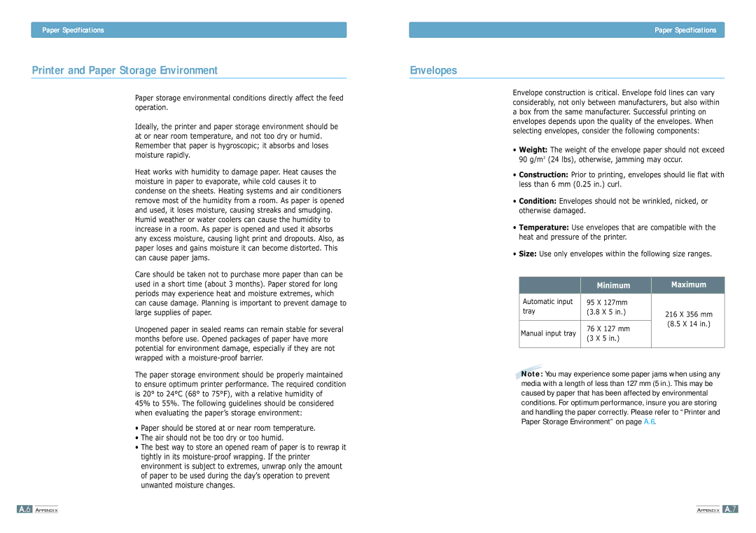 Samsung ML-1200 manual Printer and Paper Storage Environment Envelopes 