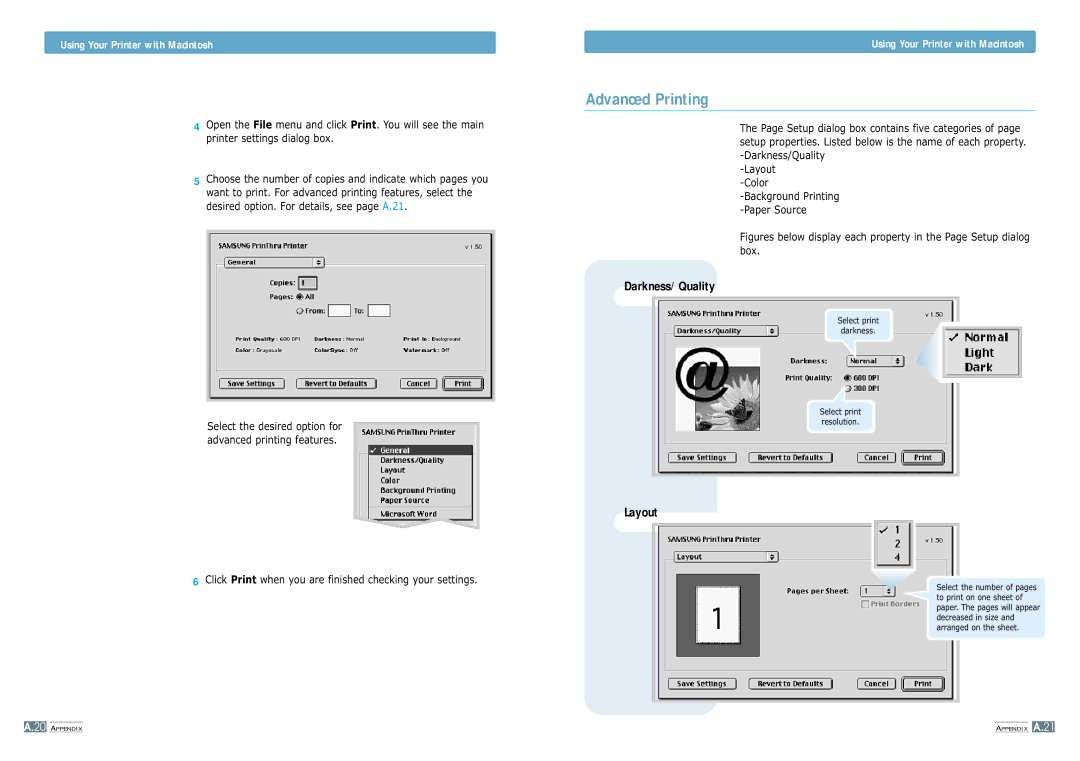 Samsung ML-1200 Advanced Printing, Darkness/Quality, Layout, Click Print when you are finished checking your settings 