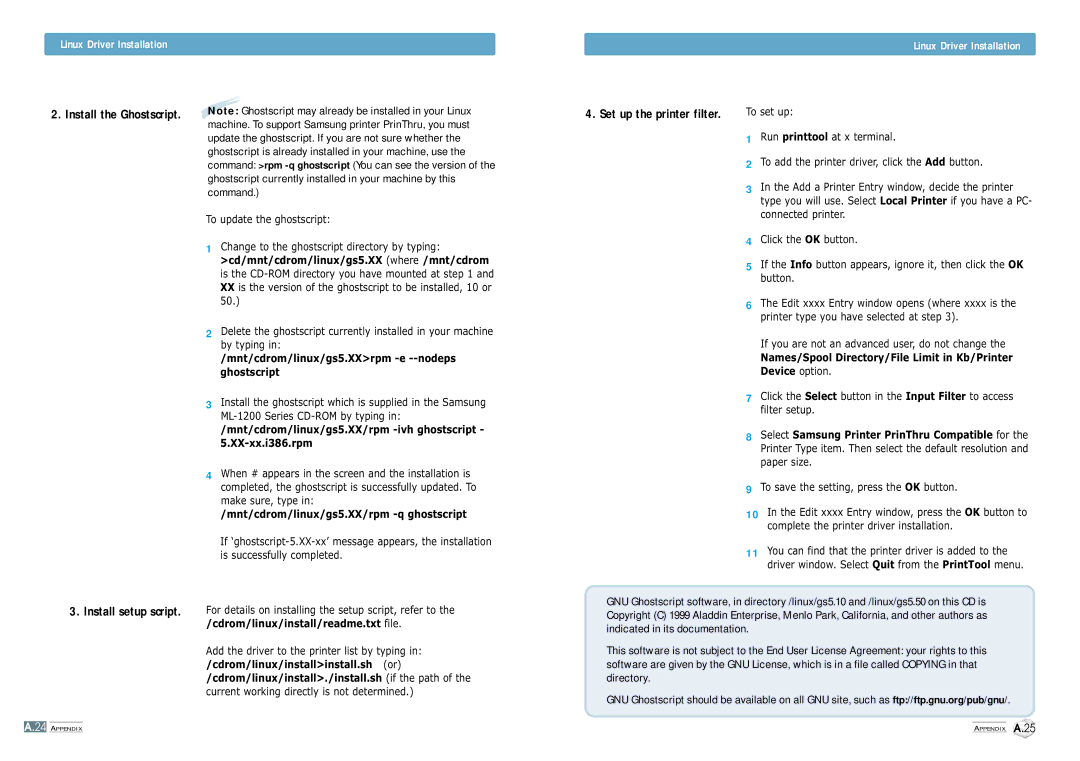 Samsung ML-1200 manual Install setup script, Linux Driver Installation 