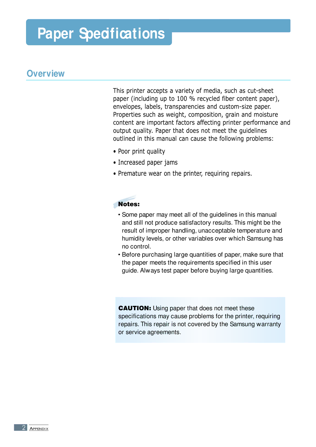 Samsung ML-1250 manual Paper Specifications, Overview 