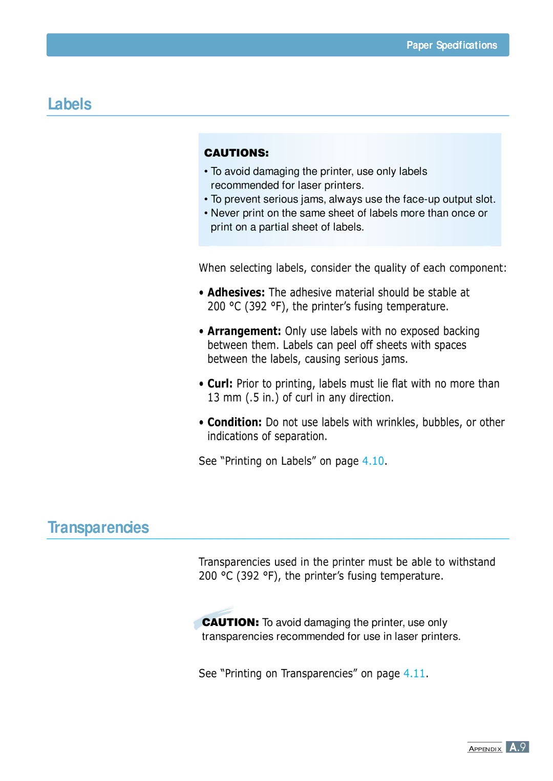 Samsung ML-1250 manual See Printing on Labels on, See Printing on Transparencies on 