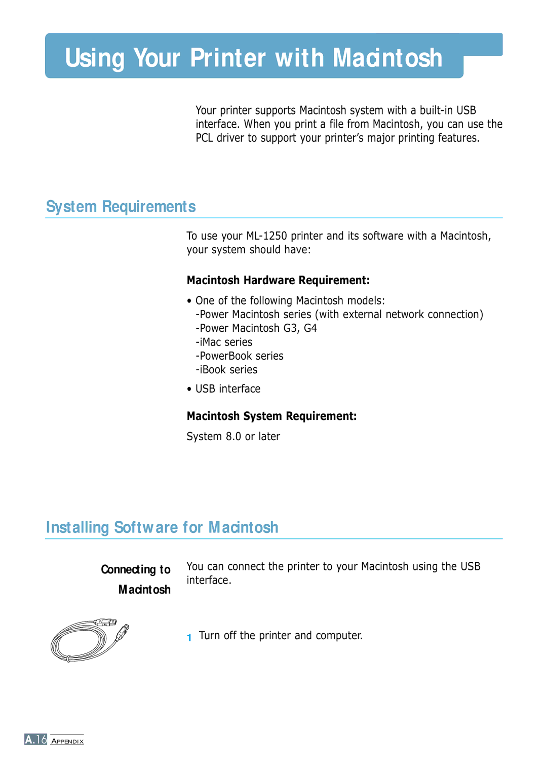 Samsung ML-1250 manual Using Your Printer with Macintosh, System Requirements, Installing Software for Macintosh 