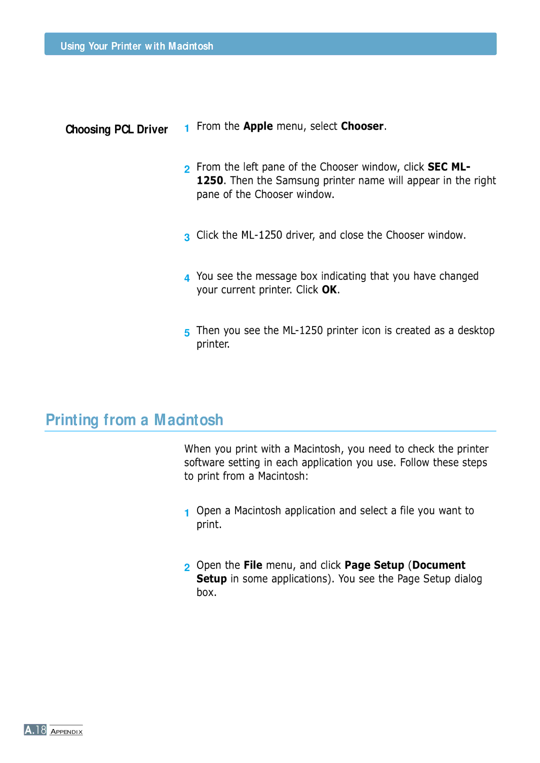 Samsung ML-1250 manual Printing from a Macintosh, Using Your Printer with Macintosh 