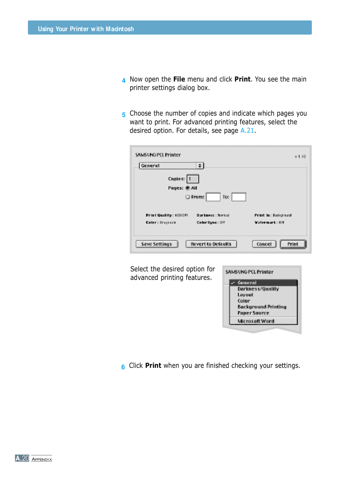 Samsung ML-1250 manual Click Print when you are finished checking your settings 