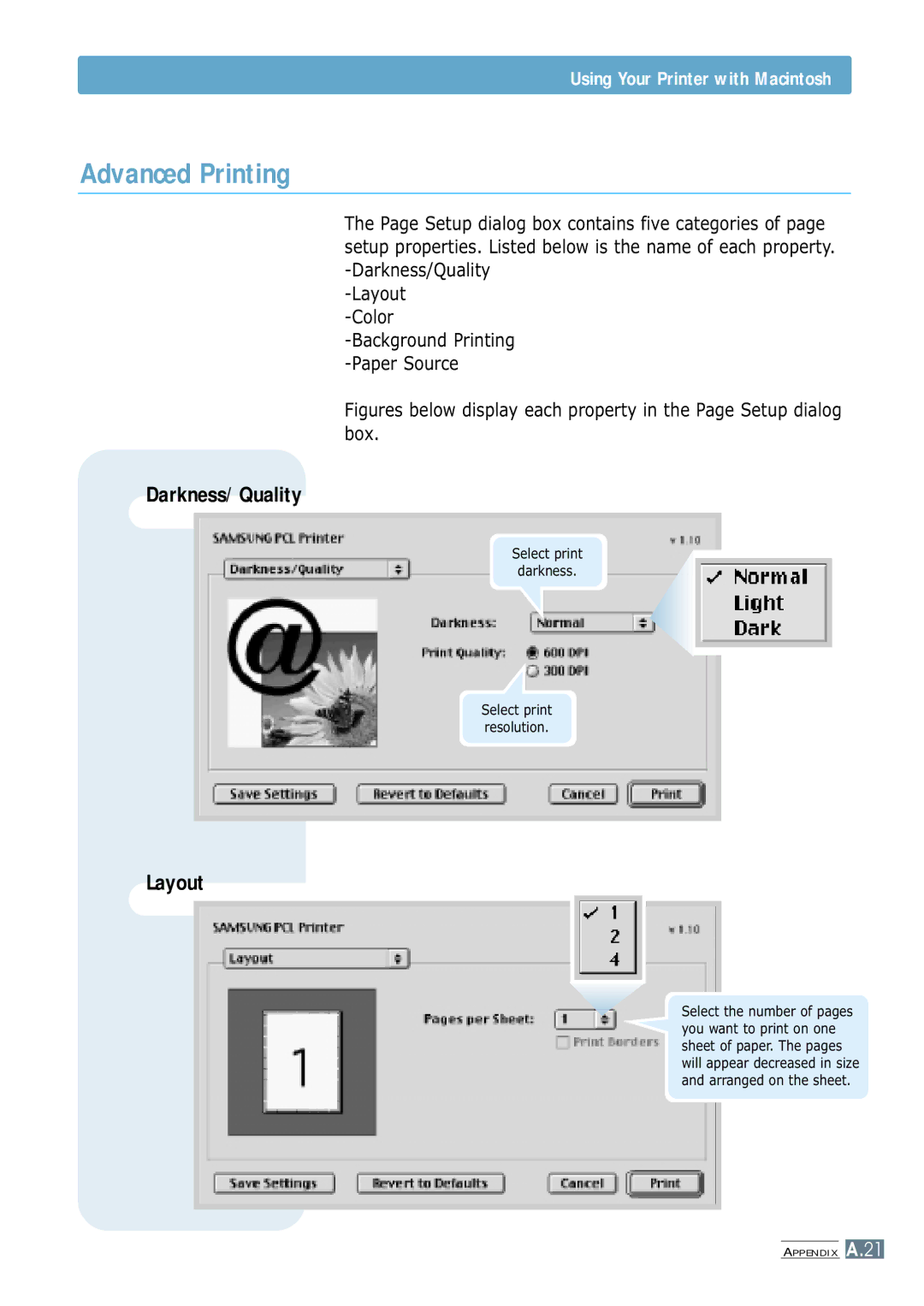 Samsung ML-1250 manual Advanced Printing, Layout 