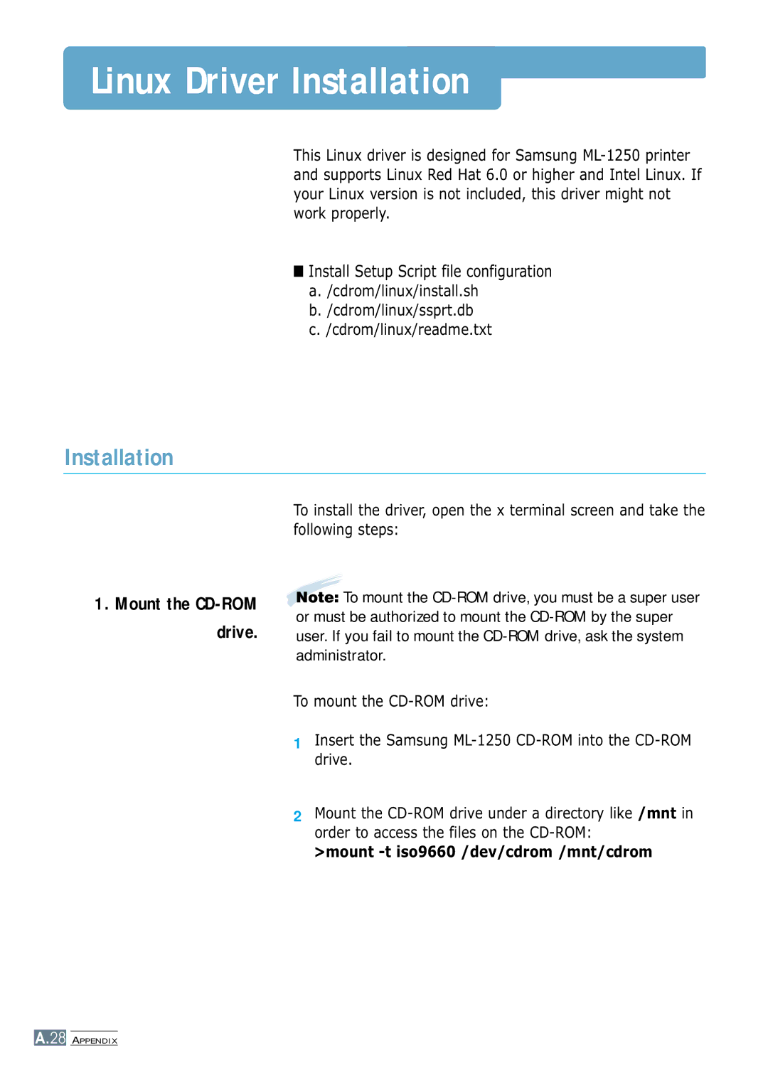 Samsung ML-1250 manual Linux Driver Installation, Install Setup Script file configuration 