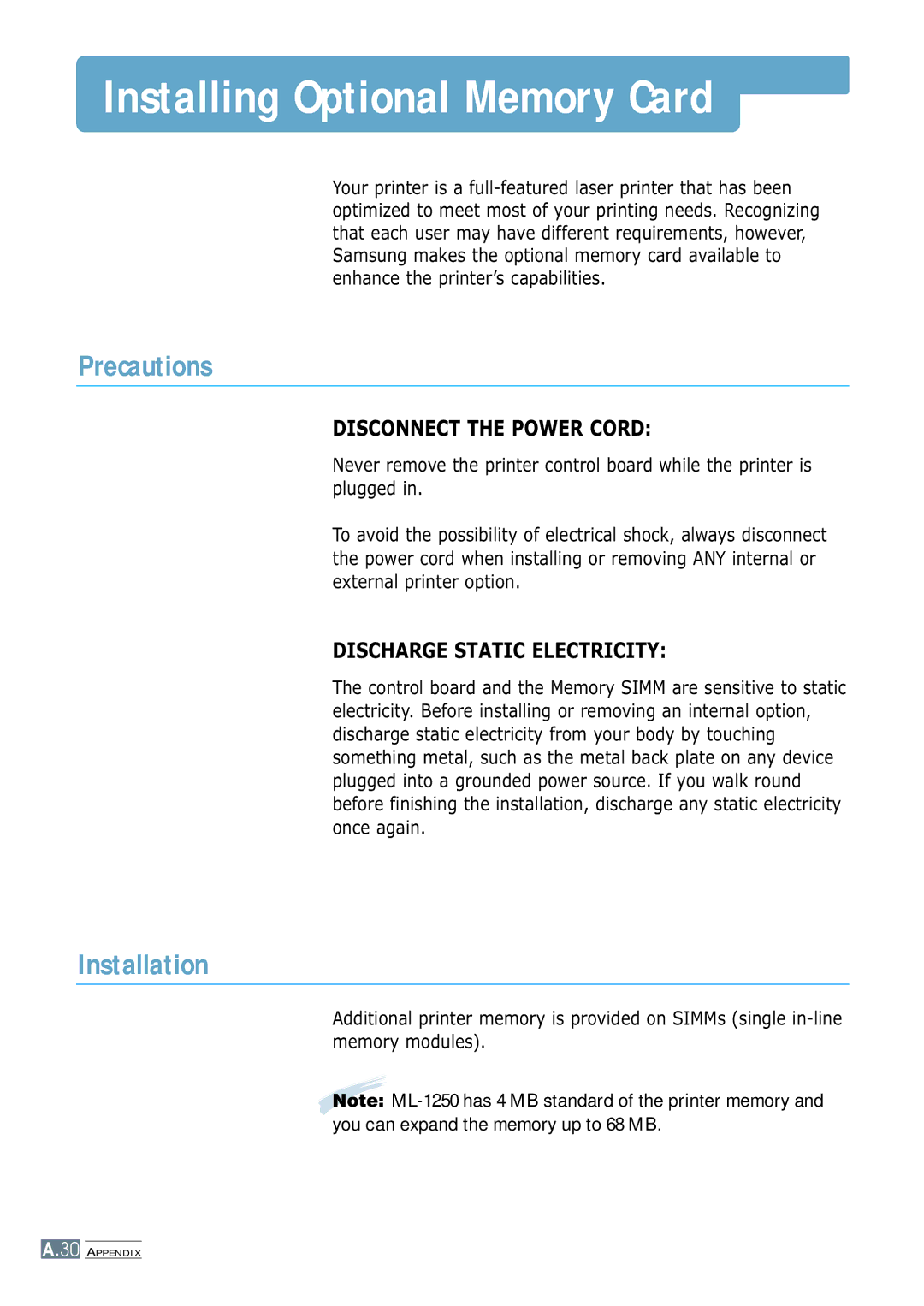 Samsung ML-1250 manual Installing Optional Memory Card, Precautions 