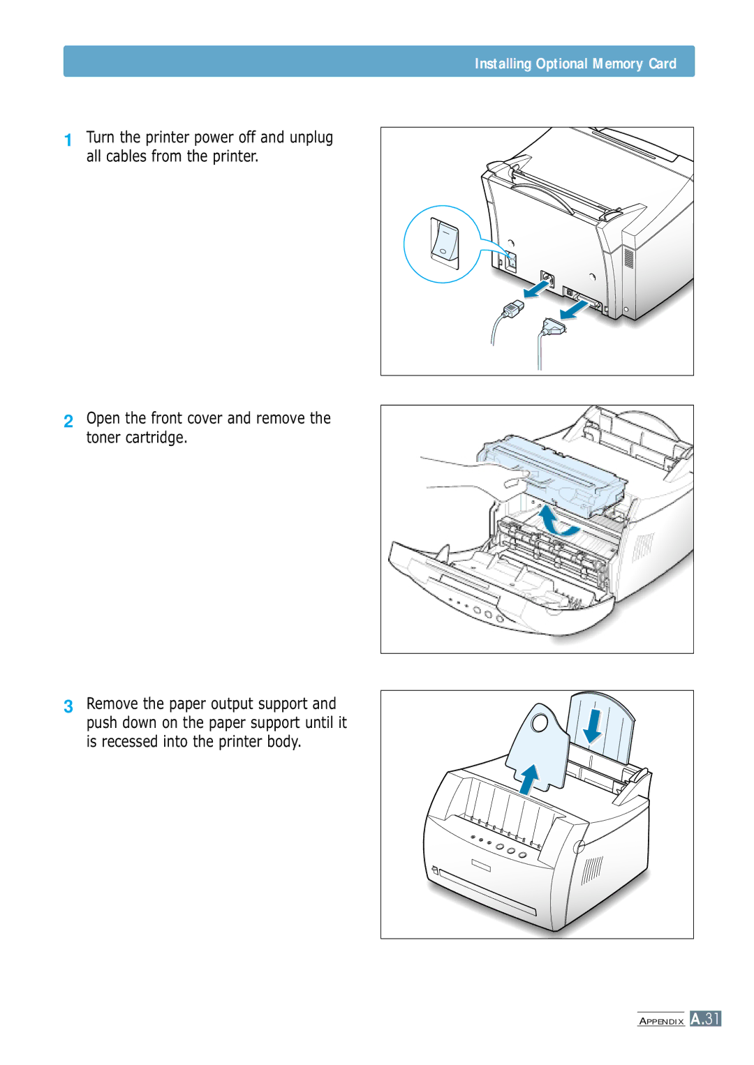 Samsung ML-1250 manual Installing Optional Memory Card, Open the front cover and remove the toner cartridge 