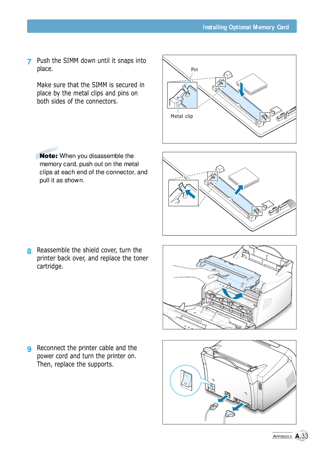 Samsung ML-1250 manual Push the Simm down until it snaps into place 