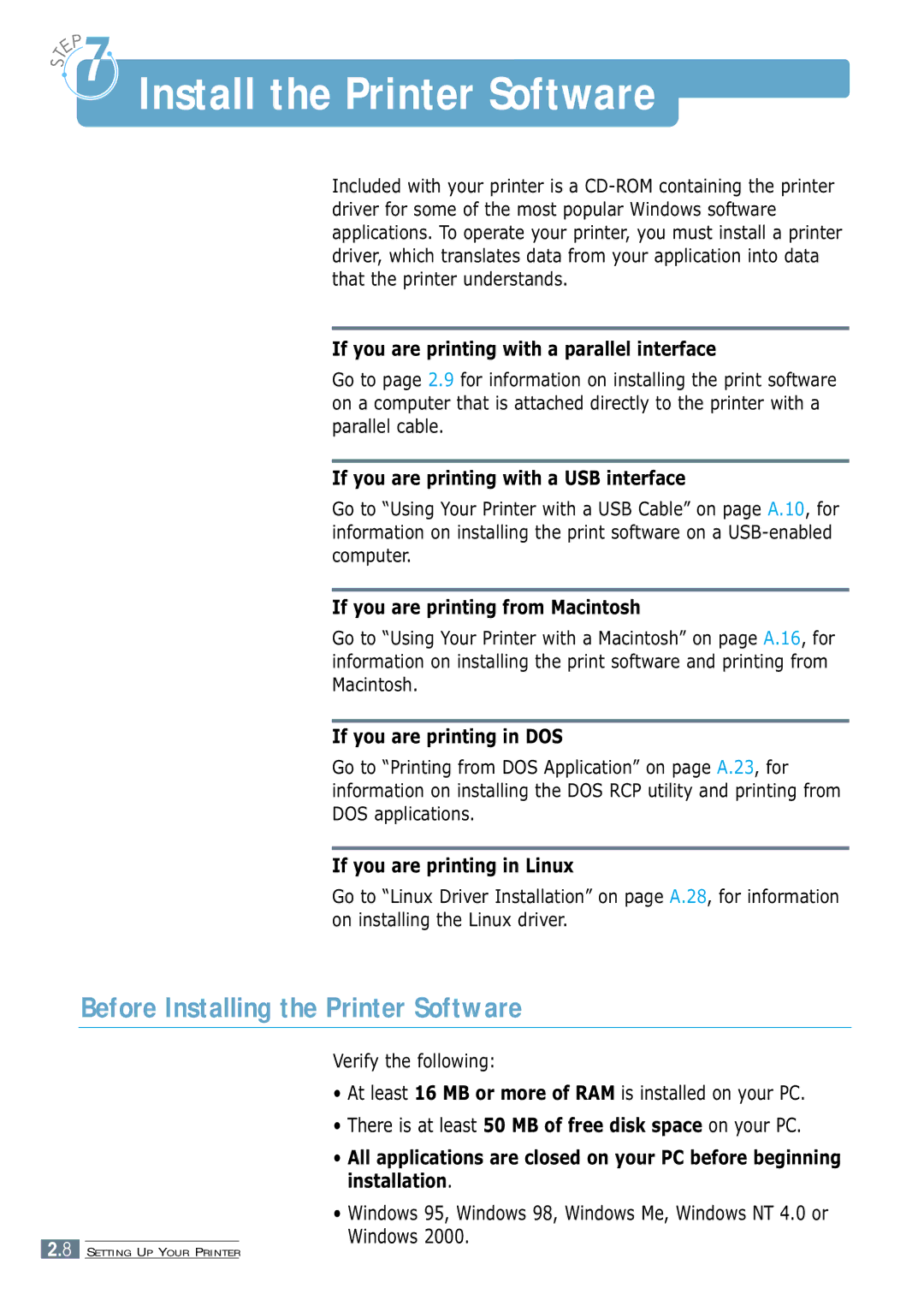 Samsung ML-1250 manual Install the Printer Software, Before Installing the Printer Software 