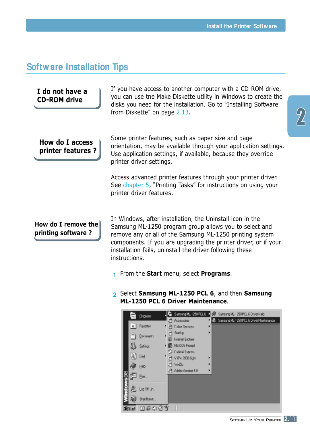 Samsung ML-1250 manual Software Installation Tips 