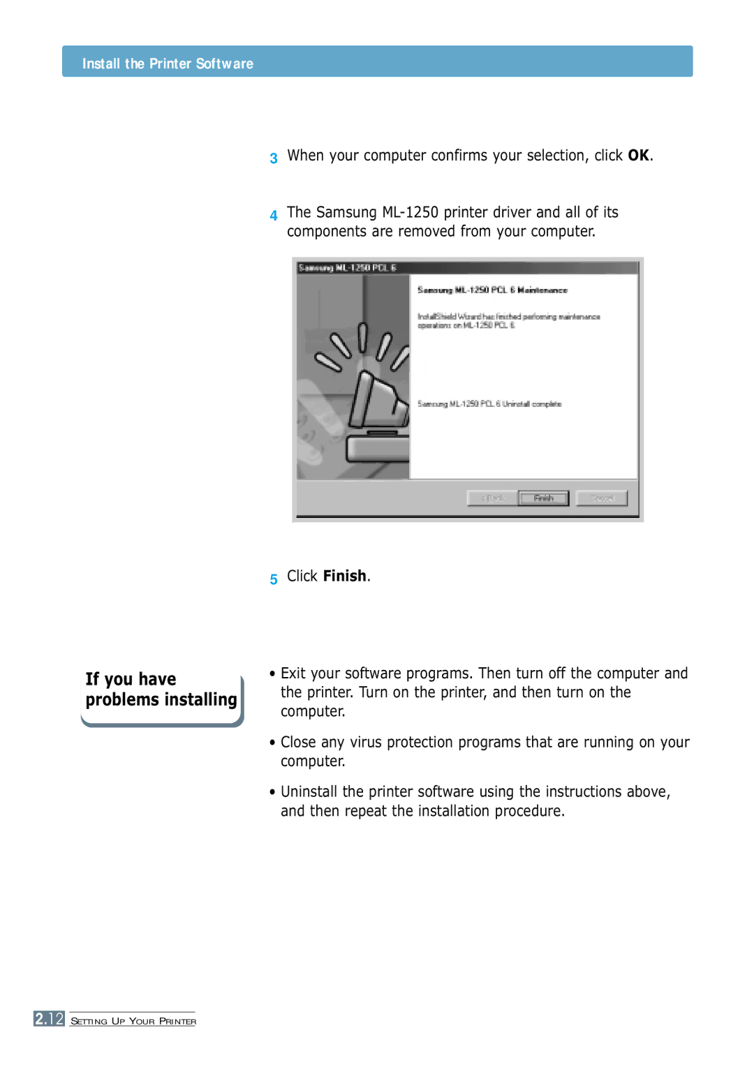 Samsung ML-1250 manual When your computer confirms your selection, click OK 