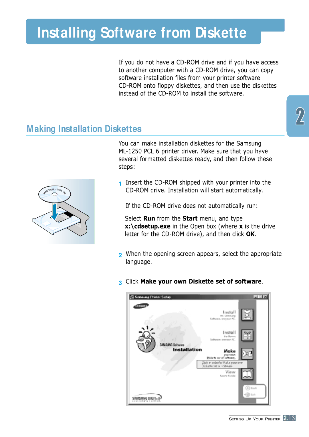 Samsung ML-1250 manual Installing Software from Diskette, Making Installation Diskettes 