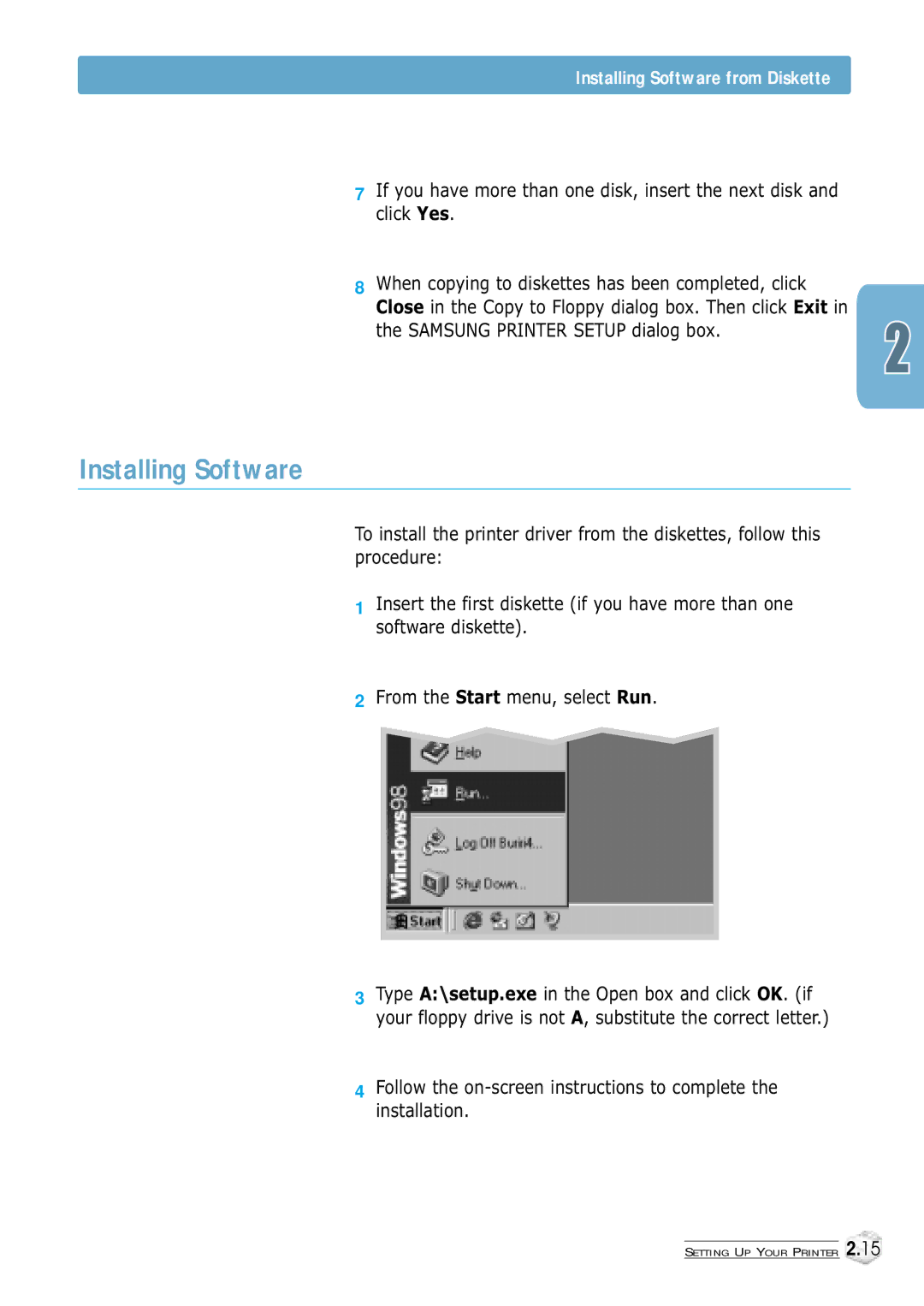 Samsung ML-1250 manual Installing Software from Diskette 