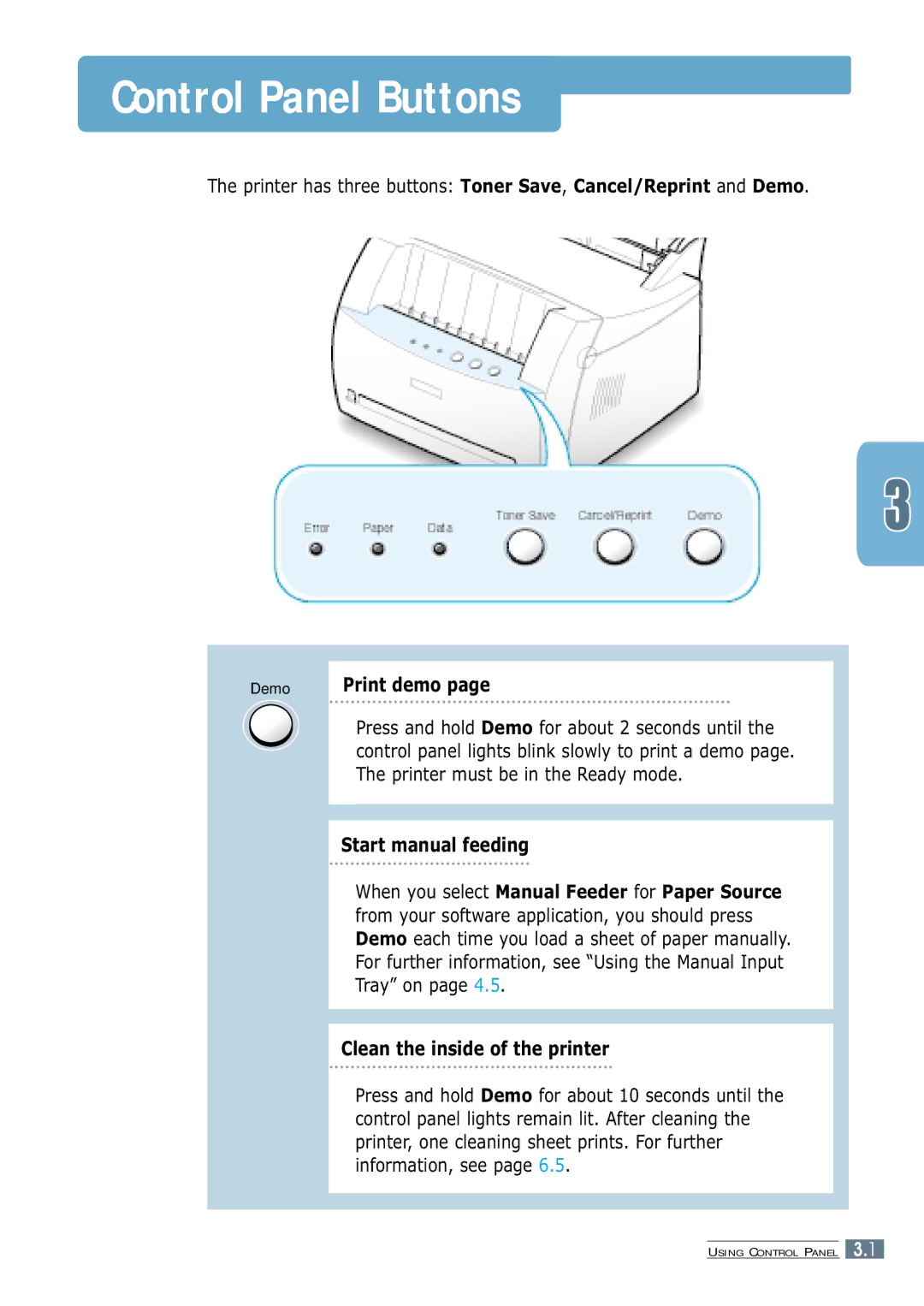 Samsung ML-1250 Control Panel Buttons, Start manual feeding, Clean the inside of the printer 