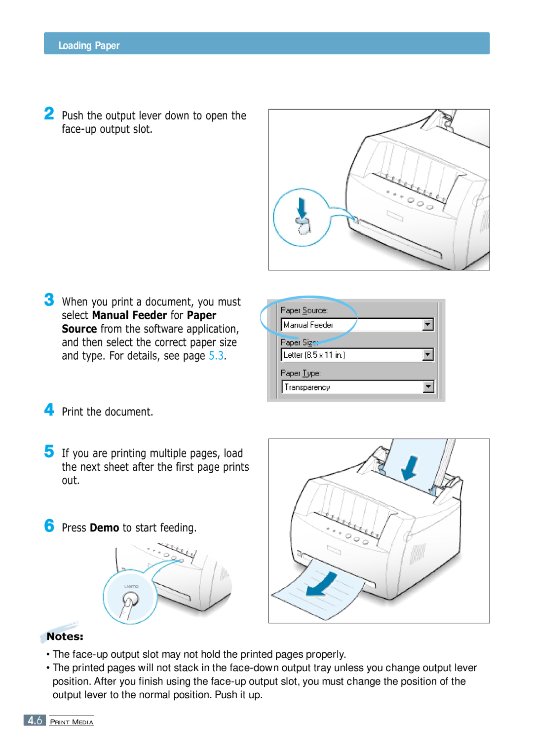 Samsung ML-1250 manual Loading Paper, Push the output lever down to open the face-up output slot 