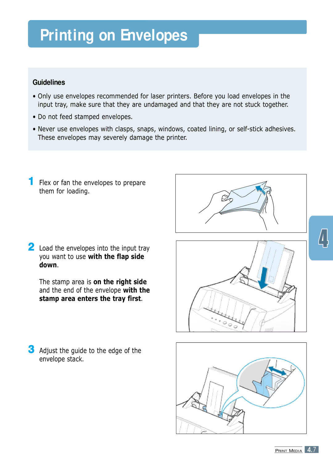 Samsung ML-1250 manual Printing on Envelopes, Adjust the guide to the edge of the envelope stack 