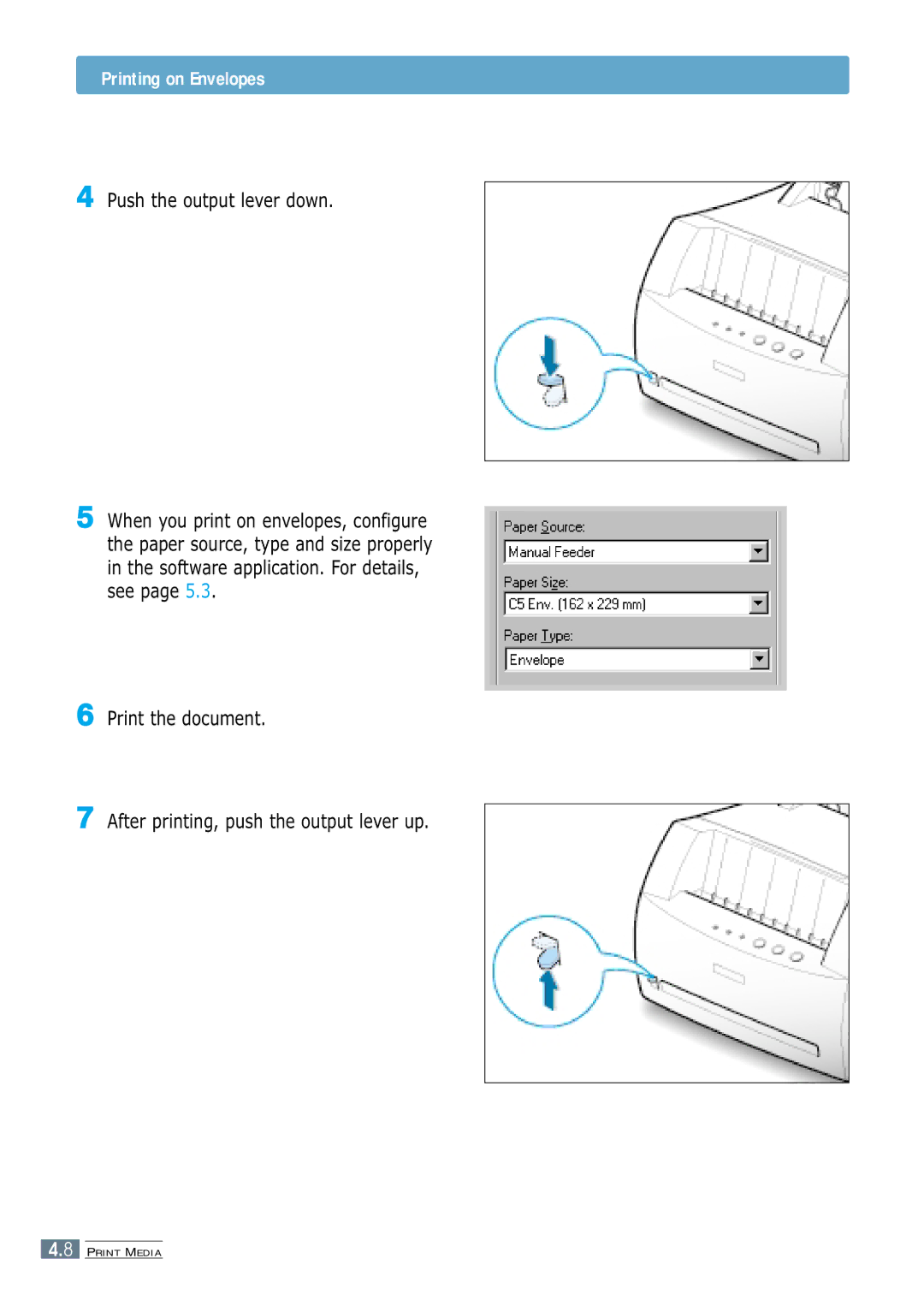 Samsung ML-1250 manual Printing on Envelopes, Push the output lever down 