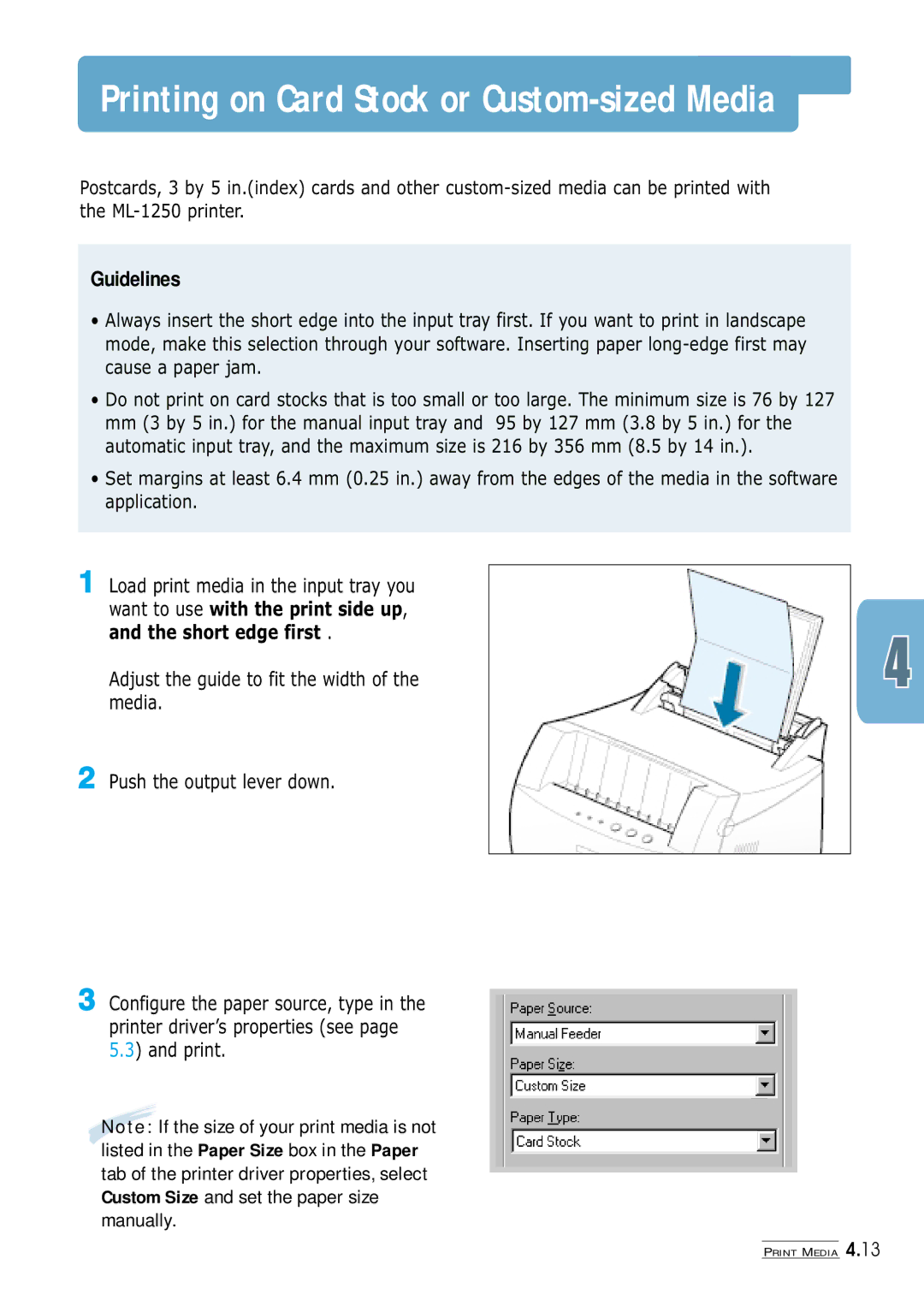 Samsung ML-1250 manual Printing on Card Stock or Custom-sized Media 