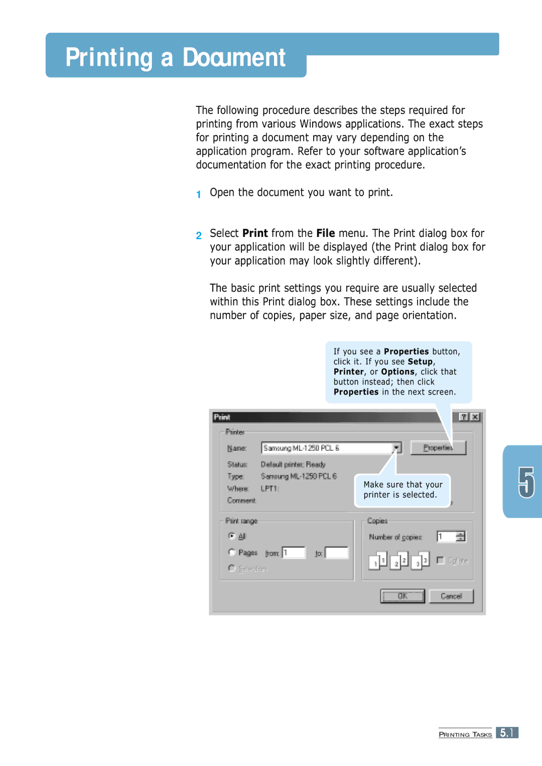 Samsung ML-1250 manual Printing a Document, Open the document you want to print 