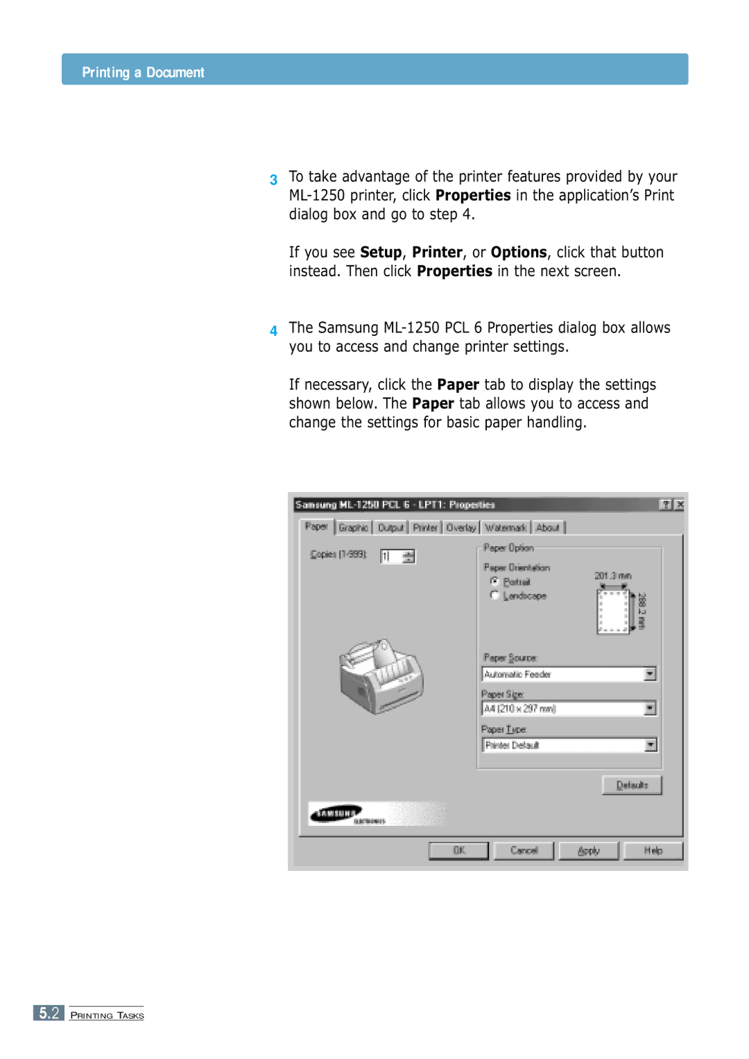 Samsung ML-1250 manual Printing a Document 