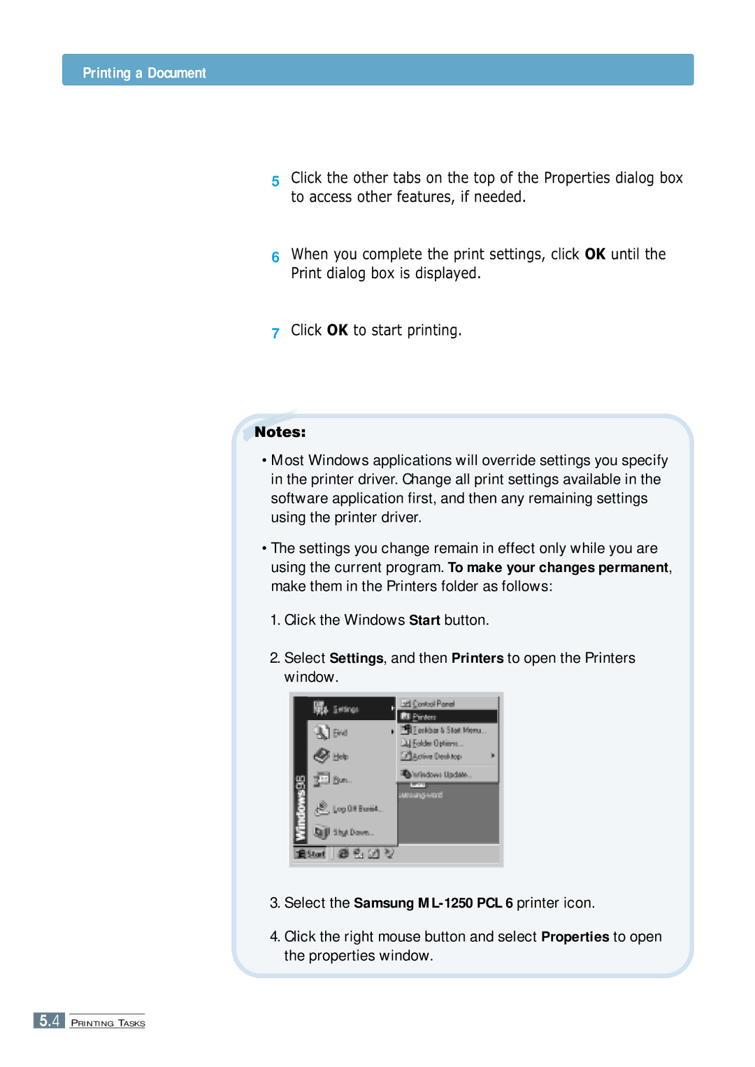 Samsung ML-1250 manual Printing a Document 