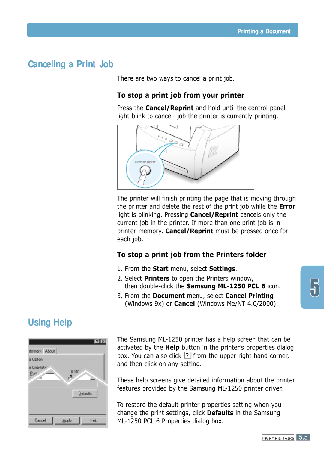 Samsung ML-1250 manual Canceling a Print Job, Using Help, To stop a print job from your printer 