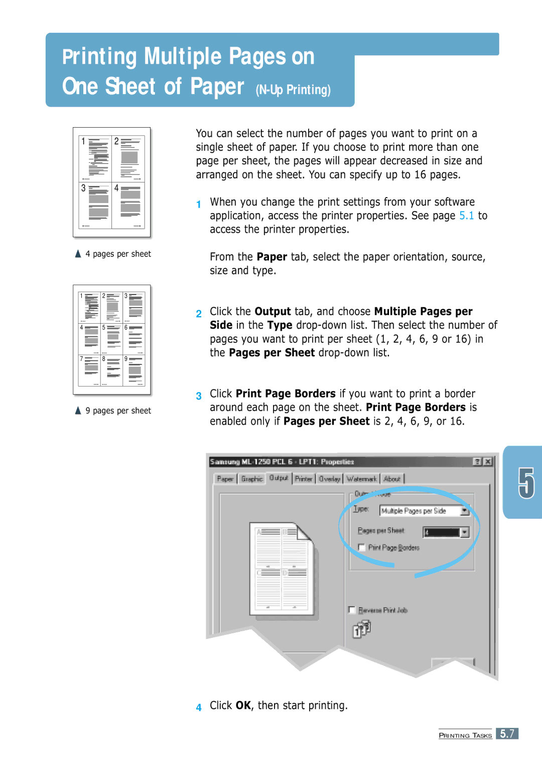 Samsung ML-1250 manual Printing Multiple Pages on One Sheet of Paper N-Up Printing, Click OK, then start printing 