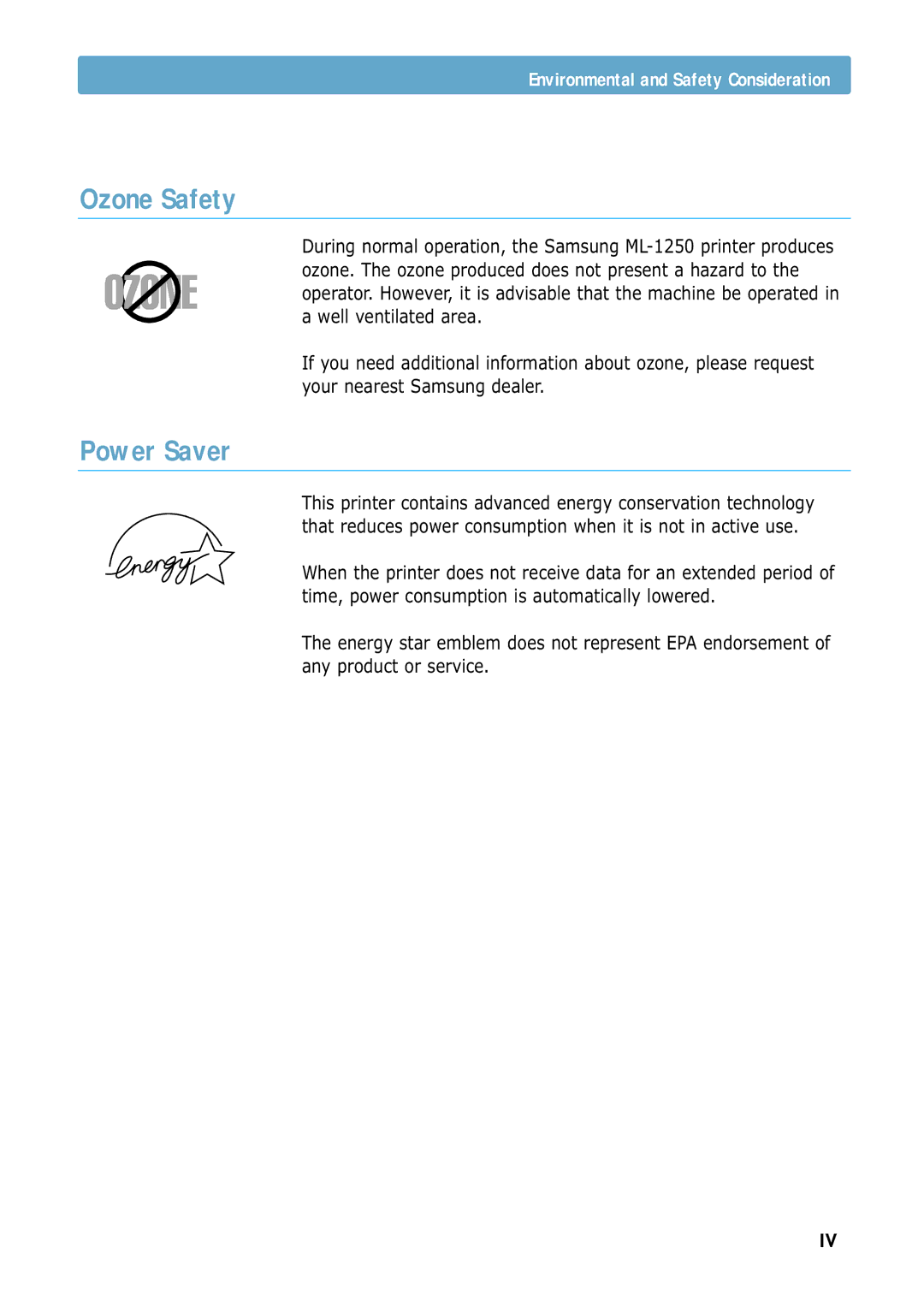 Samsung ML-1250 manual Ozone Safety, Power Saver 