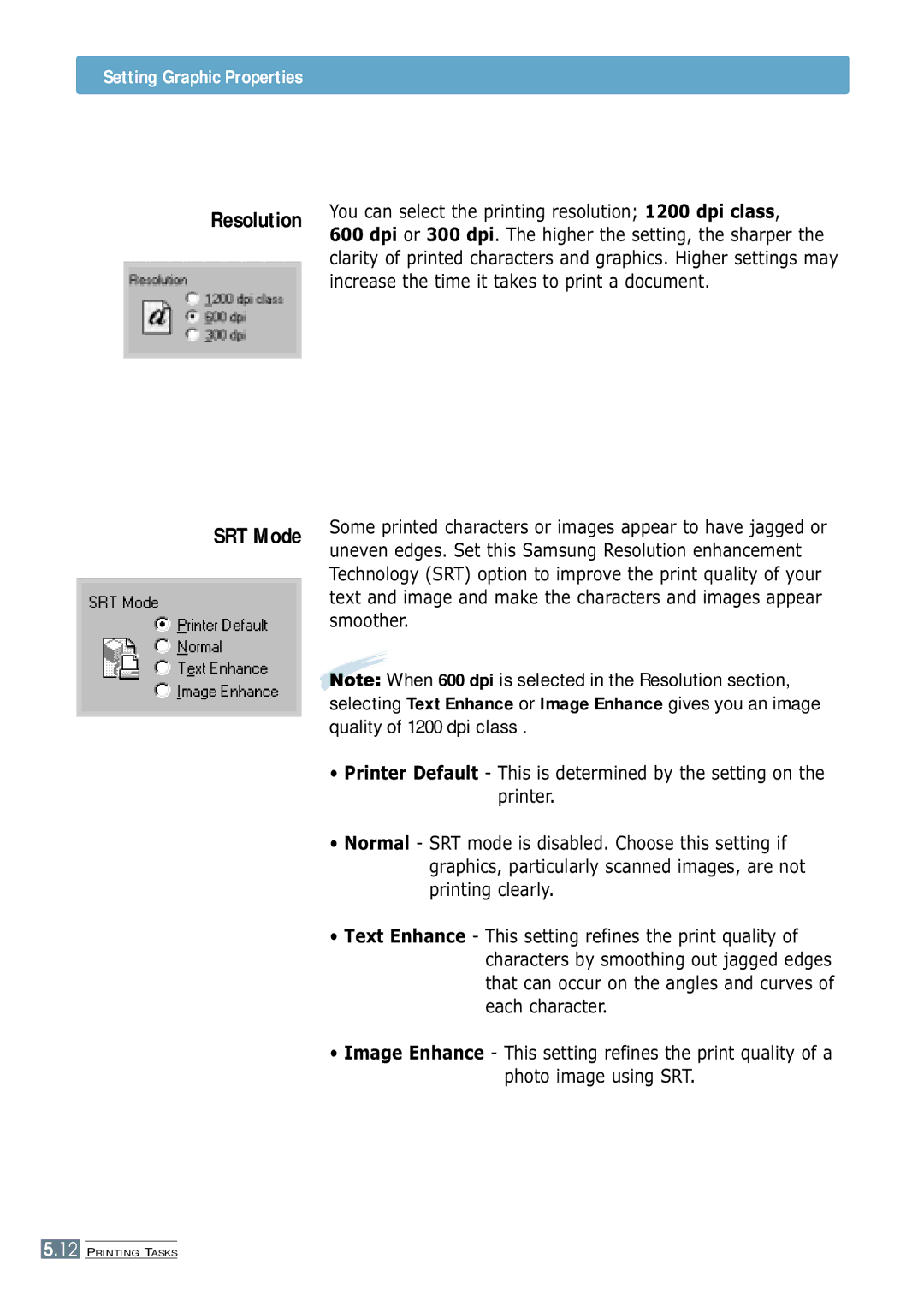 Samsung ML-1250 manual Resolution SRT Mode, You can select the printing resolution 1200 dpi class 