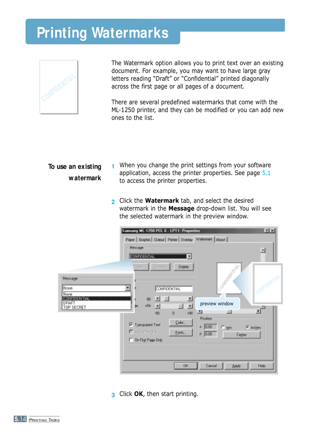 Samsung ML-1250 manual Printing Watermarks, To use an existing watermark 