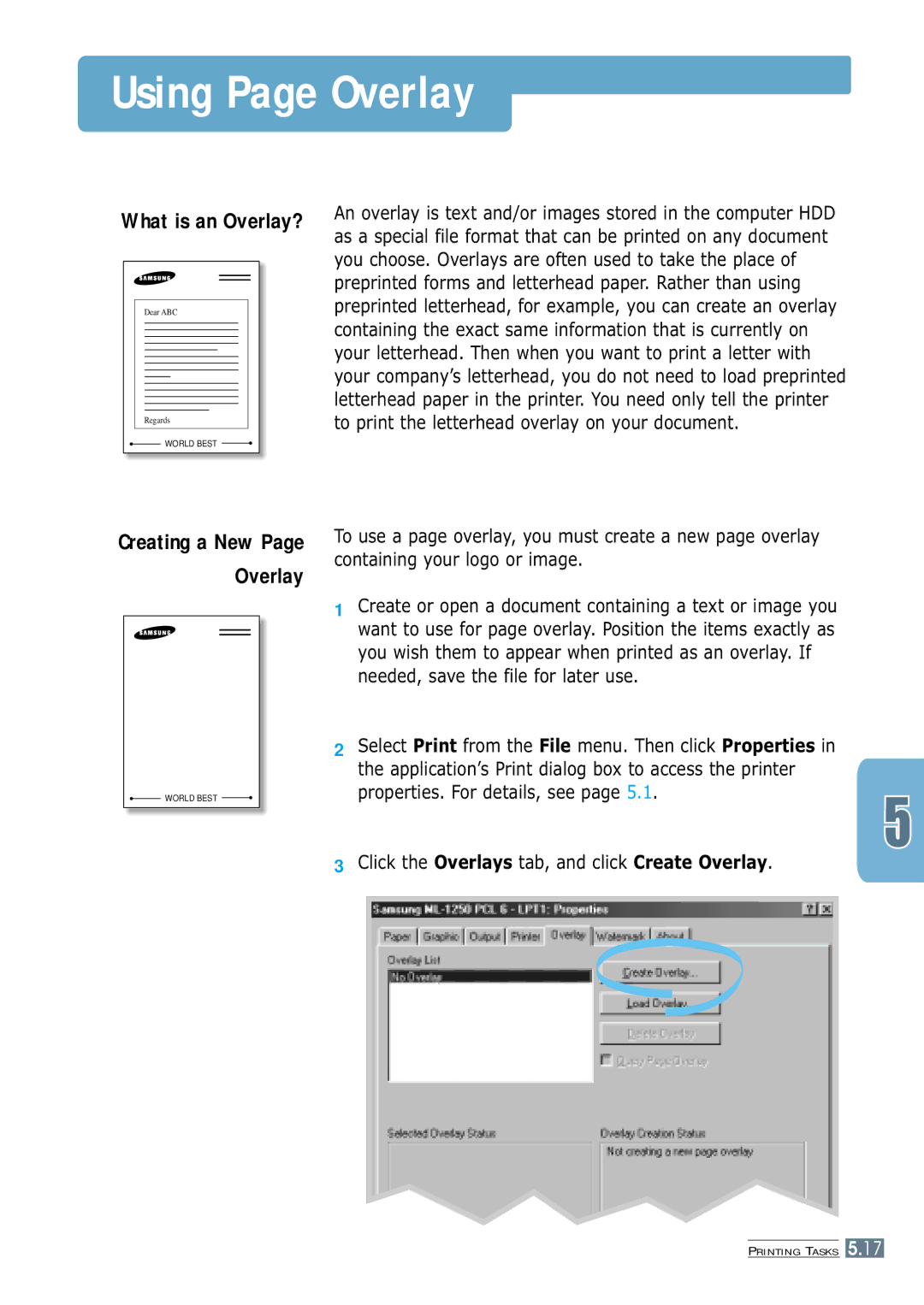 Samsung ML-1250 manual Using Page Overlay, Click the Overlays tab, and click Create Overlay 