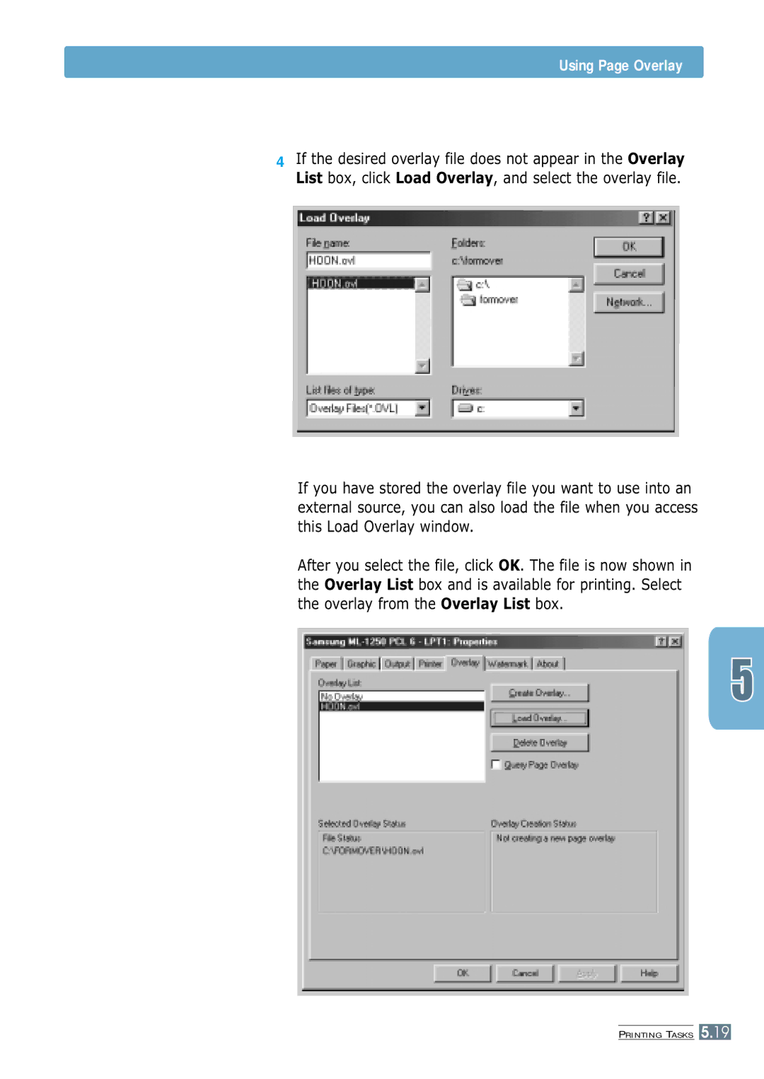 Samsung ML-1250 manual Using Page Overlay 