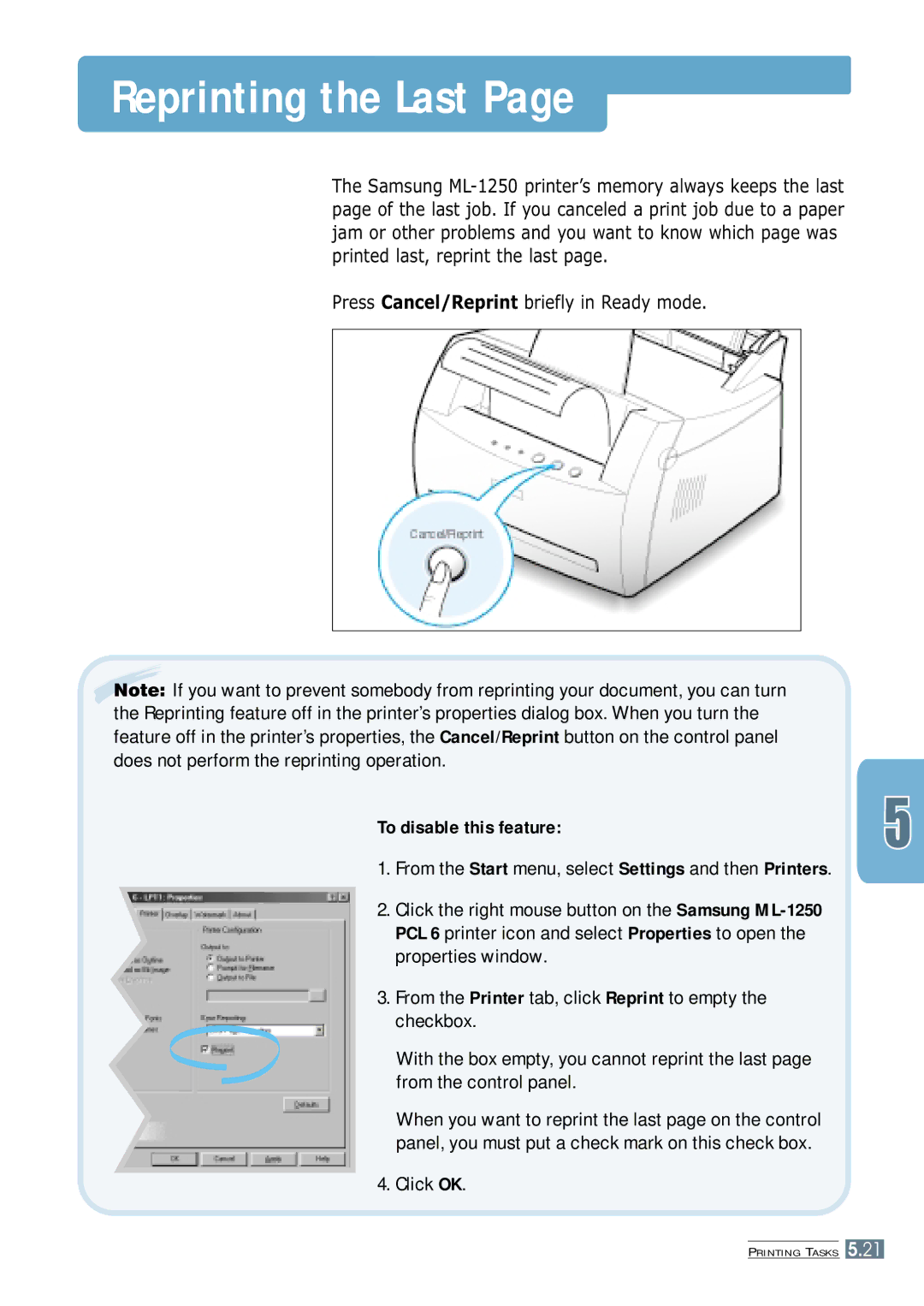 Samsung ML-1250 manual Reprinting the Last, Press Cancel/Reprint briefly in Ready mode 