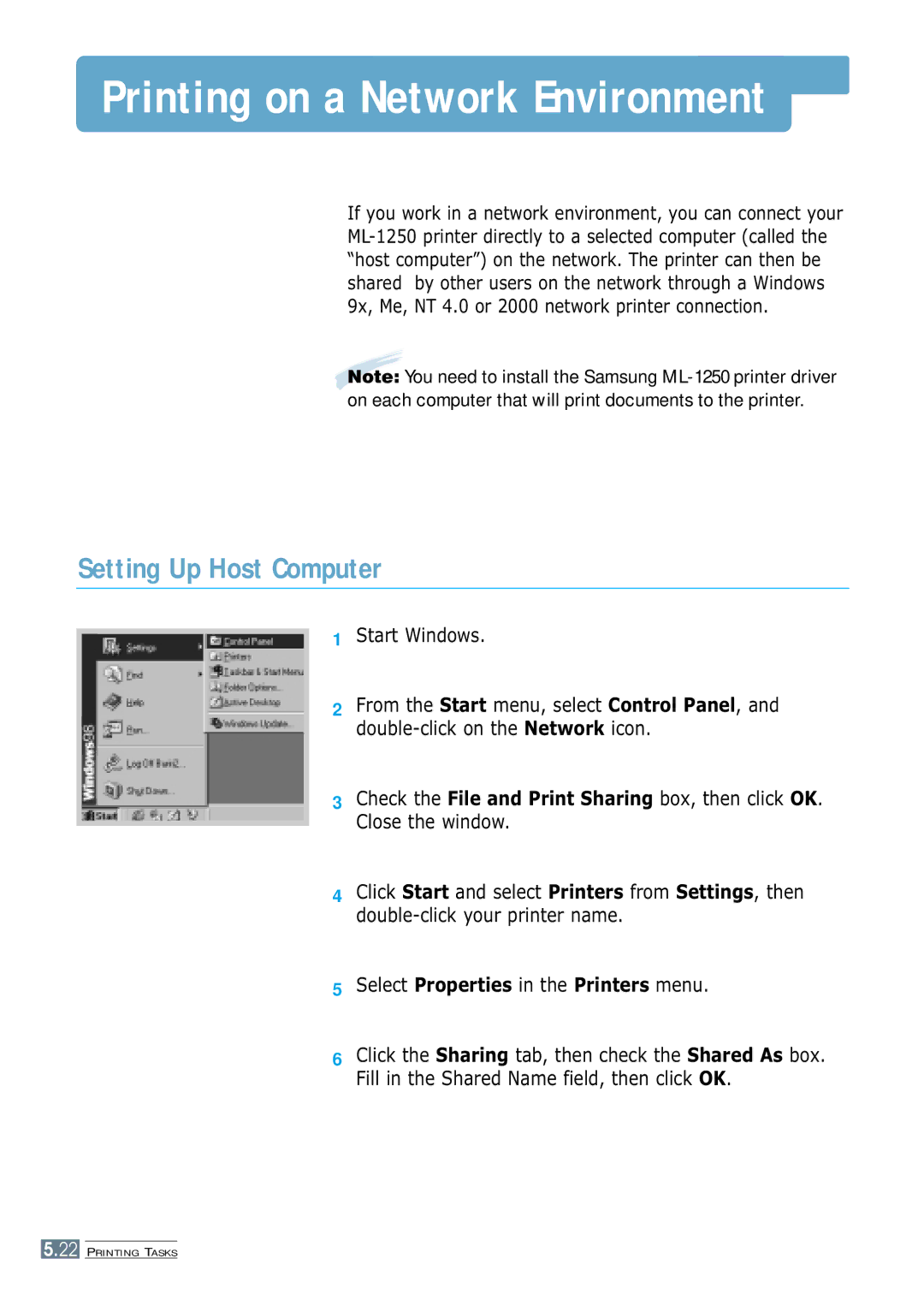 Samsung ML-1250 manual Printing on a Network Environment, Setting Up Host Computer, Start Windows 