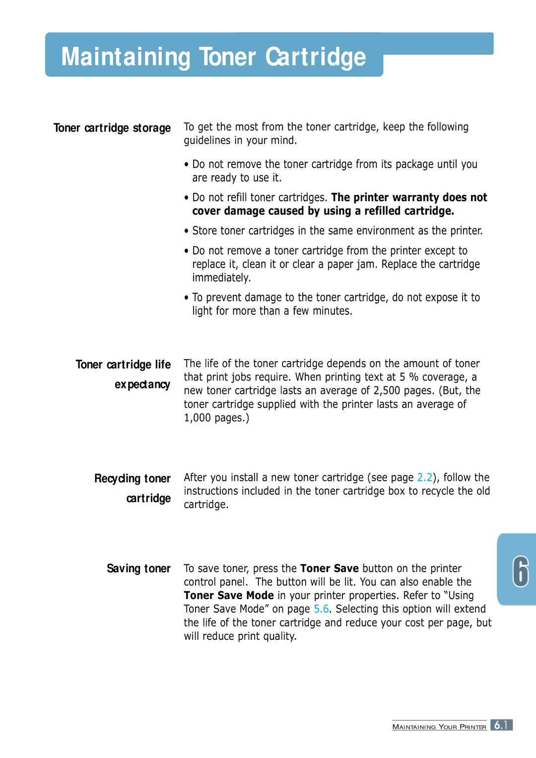 Samsung ML-1250 manual Maintaining Toner Cartridge, Saving toner 