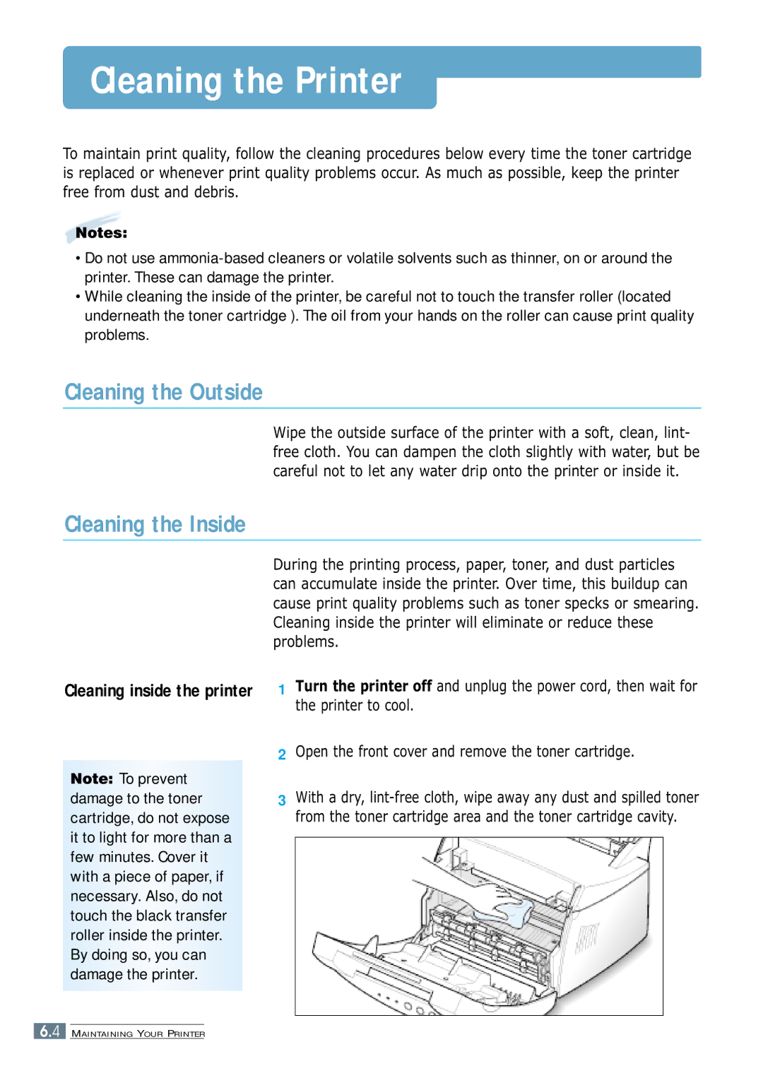 Samsung ML-1250 manual Cleaning the Printer, Cleaning the Outside, Cleaning the Inside 